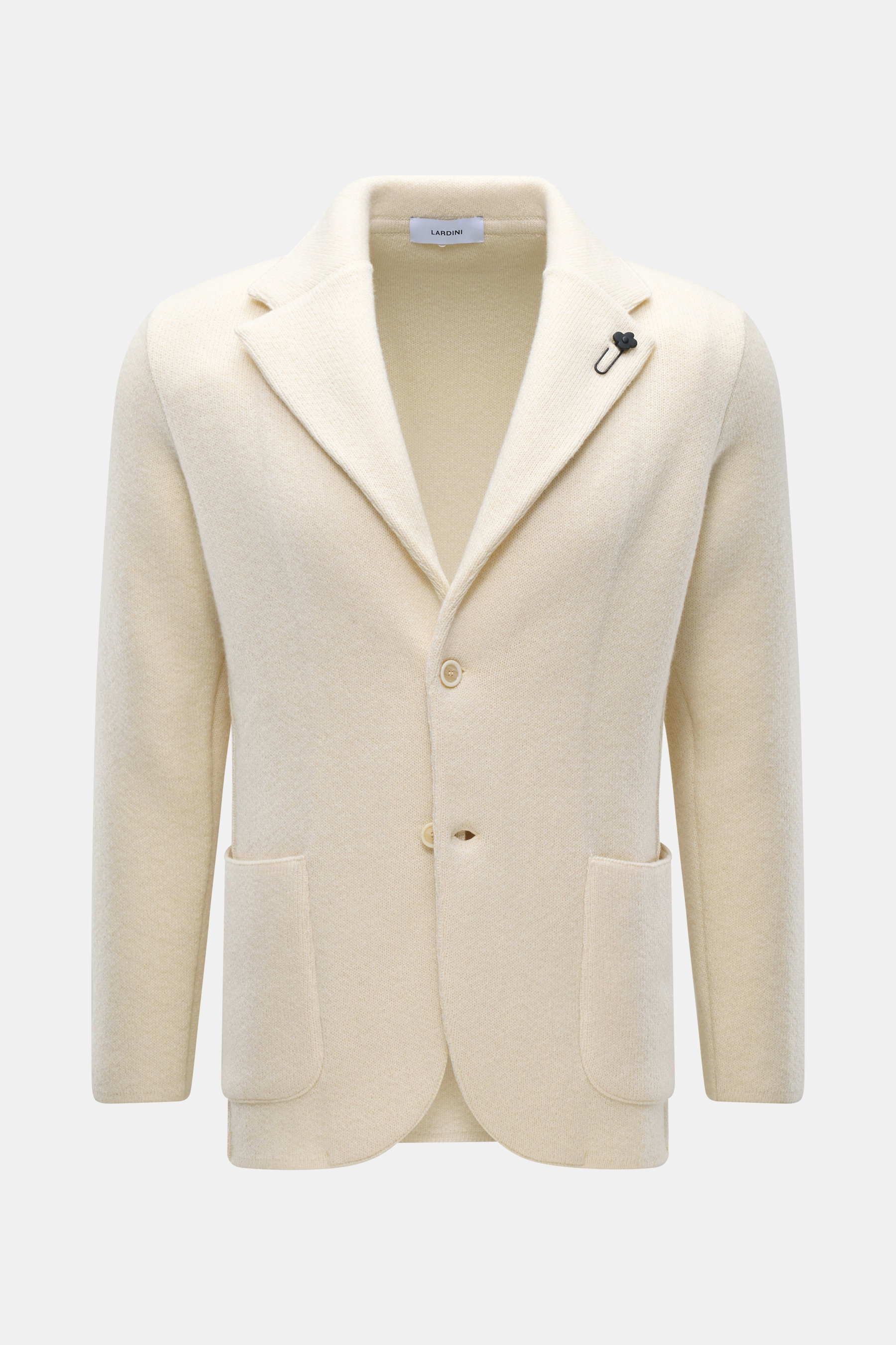 Lardini Cashmere Strickblazer creme, Slim Fit, tailliert, frontale Nahaufnahme, feines Strickbild, Blüten-Anstecker, zwei Knöpfe, Hüfttaschen.