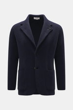 Front view of Lardini Cashmere knit blazer 7310.072338-210 in navy blue, slim fit with step lapel, flower pin, patch pockets.

Description:  
<p>Exquisite knit blazer from LARDINI: This model in smooth, fine pure cashmere knit adds warmth and style to you