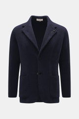 Front view of Lardini Cashmere knit blazer 7310.072338-210 in navy blue, slim fit with step lapel, flower pin, patch pockets.

Description:  
<p>Exquisite knit blazer from LARDINI: This model in smooth, fine pure cashmere knit adds warmth and style to you