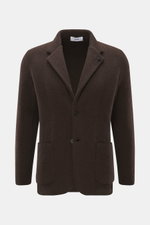 Front view of Lardini Cashmere knit blazer dark brown in smooth pure cashmere, slim fit with two buttons, step lapel, flower pin, patch pockets, and side vents.

Description: <p>Exquisite knit blazer from LARDINI: This model in smooth, fine pure cashmere 