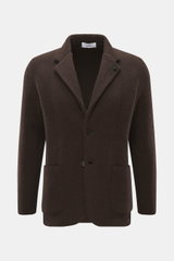 Front view of Lardini Cashmere knit blazer dark brown in smooth pure cashmere, slim fit with two buttons, step lapel, flower pin, patch pockets, and side vents.

Description: <p>Exquisite knit blazer from LARDINI: This model in smooth, fine pure cashmere 