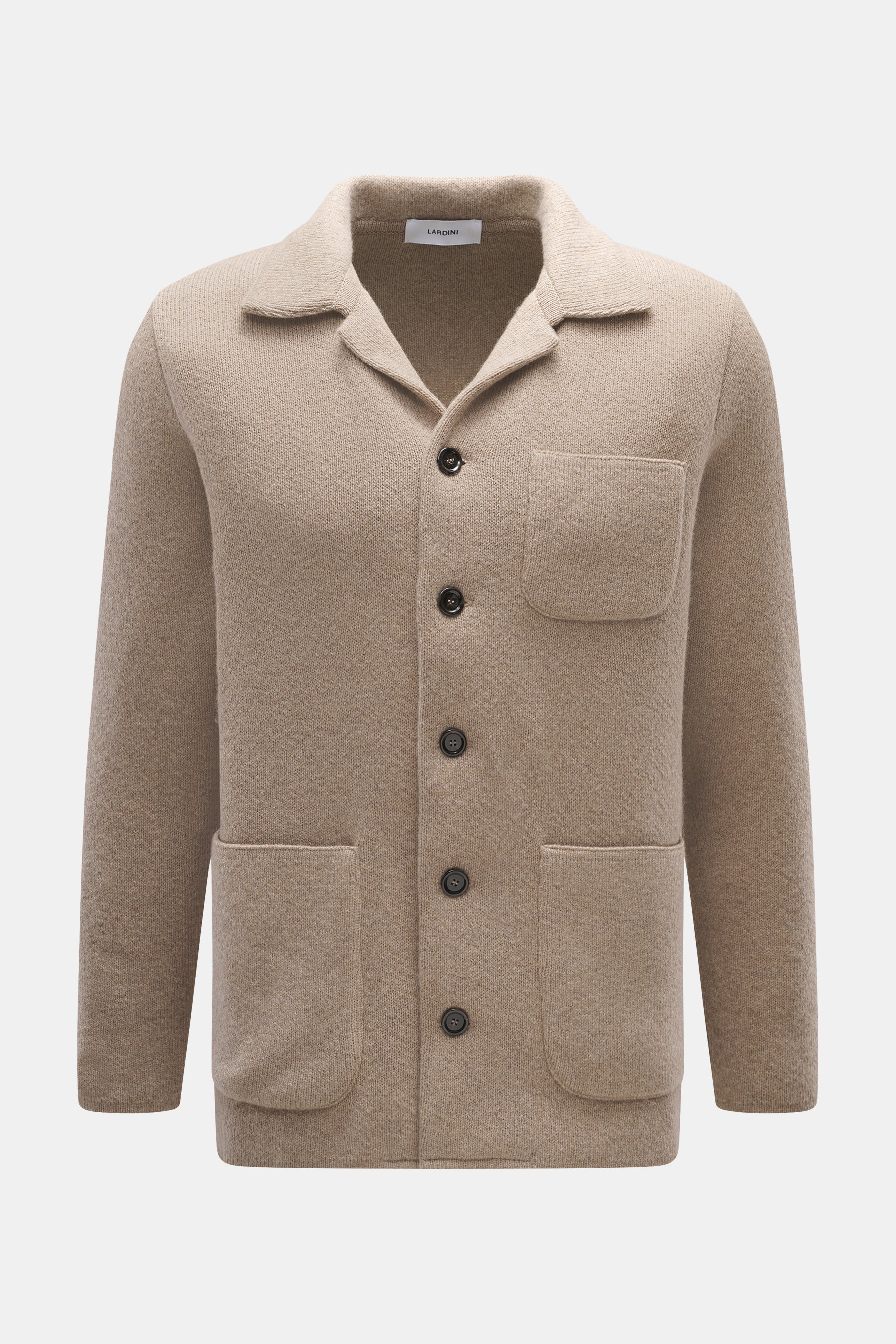 Lardini Cashmere Cardigan beige meliert, frontal, Slim Fit, Strick aus reinem Cashmere, weicher Griff, feines Strickbild, glatte Knopfleiste, offener Kragen, Brust- und Hüfttaschen.