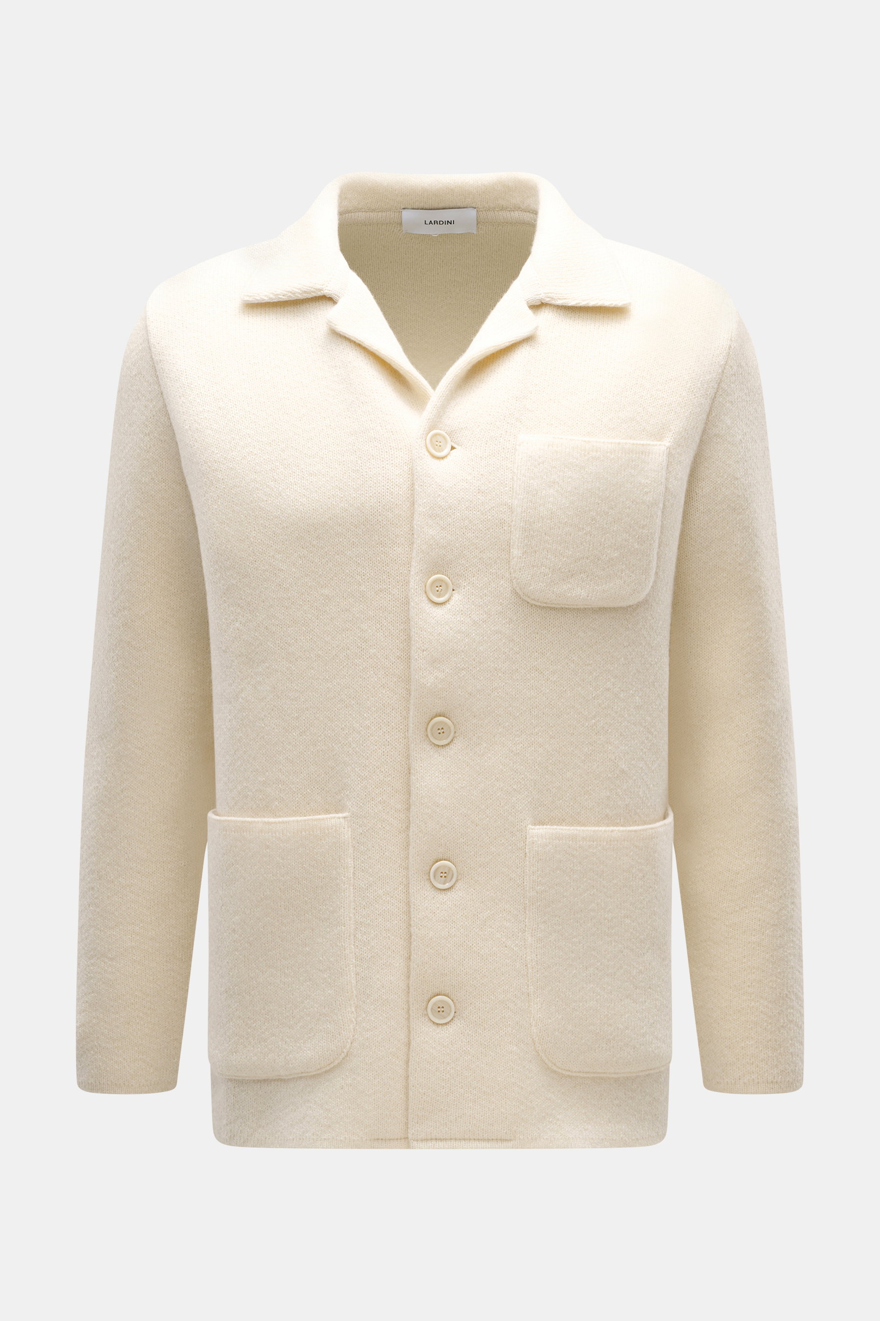 Lardini Cashmere cardigan creme, Slim Fit, Vorderansicht, Strick aus reinem Cashmere, weicher Griff, feines Strickbild, glatte Knopfleiste, offener Kragen, Brust- und Hüfttaschen.