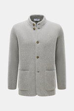 Front view of Lardini Cardigan grey melange in pure virgin wool with soft feel, heavy quality, medium fine knit, regular fit, four-button placket, stand-up collar, and patch hip pockets.