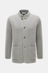 Front view of Lardini Cardigan grey melange in pure virgin wool with soft feel, heavy quality, medium fine knit, regular fit, four-button placket, stand-up collar, and patch hip pockets.