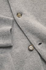Close-up view of the Lardini Cardigan grey melange showing pure virgin wool fabric with soft feel, heavy quality, medium fine knit, regular fit, four-button placket, stand-up collar, and patch hip pockets.
