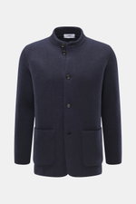 Front view of Lardini Cardigan navy in pure virgin wool, soft feel, heavy quality, medium fine knit pattern, regular fit, four-button placket, stand-up collar, and patch hip pockets.