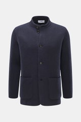 Front view of Lardini Cardigan navy in pure virgin wool, soft feel, heavy quality, medium fine knit pattern, regular fit, four-button placket, stand-up collar, and patch hip pockets.