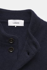 Close-up front view of Lardini Cardigan navy showcasing pure virgin wool fabric with soft feel, heavy quality, medium fine knit, regular fit, four-button placket, stand-up collar, and patch hip pockets.