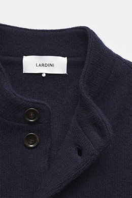 Close-up front view of Lardini Cardigan navy showcasing pure virgin wool fabric with soft feel, heavy quality, medium fine knit, regular fit, four-button placket, stand-up collar, and patch hip pockets.