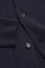 Close-up view of Lardini Cardigan navy showing pure virgin wool, soft feel, heavy quality, medium fine knit pattern, regular fit, four-button placket, stand-up collar, and patch hip pockets.