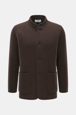 Front-facing view of Lardini Cardigan dark brown, made of pure virgin wool with a soft feel, heavy quality, medium fine knit pattern, regular fit, four-button placket, stand-up collar, and patch hip pockets.