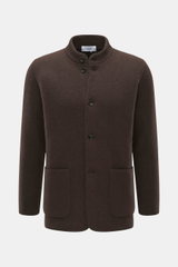 Front-facing view of Lardini Cardigan dark brown, made of pure virgin wool with a soft feel, heavy quality, medium fine knit pattern, regular fit, four-button placket, stand-up collar, and patch hip pockets.
