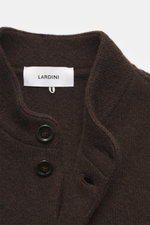 Close-up front view of Lardini Cardigan dark brown showing stand-up collar, four-button placket, medium fine knit pattern, pure virgin wool, soft feel, heavy quality, regular fit, and patch hip pockets.