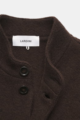 Close-up front view of Lardini Cardigan dark brown showing stand-up collar, four-button placket, medium fine knit pattern, pure virgin wool, soft feel, heavy quality, regular fit, and patch hip pockets.