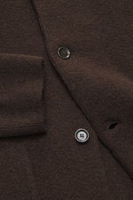 Close-up front view of Lardini Cardigan dark brown showing pure virgin wool fabric with soft feel, heavy quality, medium fine knit pattern, regular fit, four-button placket, stand-up collar, and patch hip pockets.