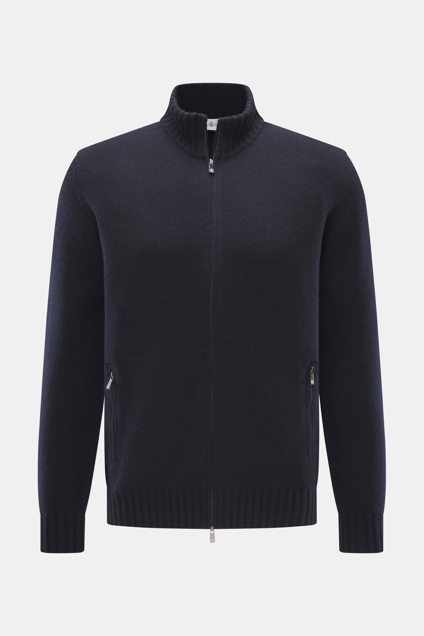 Frontale Nahaufnahme der Della Ciana Strickjacke navy, Regular Fit, mit Stehkragen, Zwei-Wege-Reißverschluss, flexible Rippbündchen, weicher Griff, mittelfeines Strickbild, Mix aus Cashmere und Merinowolle.