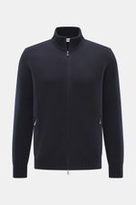 Frontale Nahaufnahme der Della Ciana Strickjacke navy, Regular Fit, mit Stehkragen, Zwei-Wege-Reißverschluss, flexible Rippbündchen, weicher Griff, mittelfeines Strickbild, Mix aus Cashmere und Merinowolle.