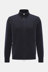 Frontale Nahaufnahme der Della Ciana Strickjacke navy, Regular Fit, mit Stehkragen, Zwei-Wege-Reißverschluss, flexible Rippbündchen, weicher Griff, mittelfeines Strickbild, Mix aus Cashmere und Merinowolle.