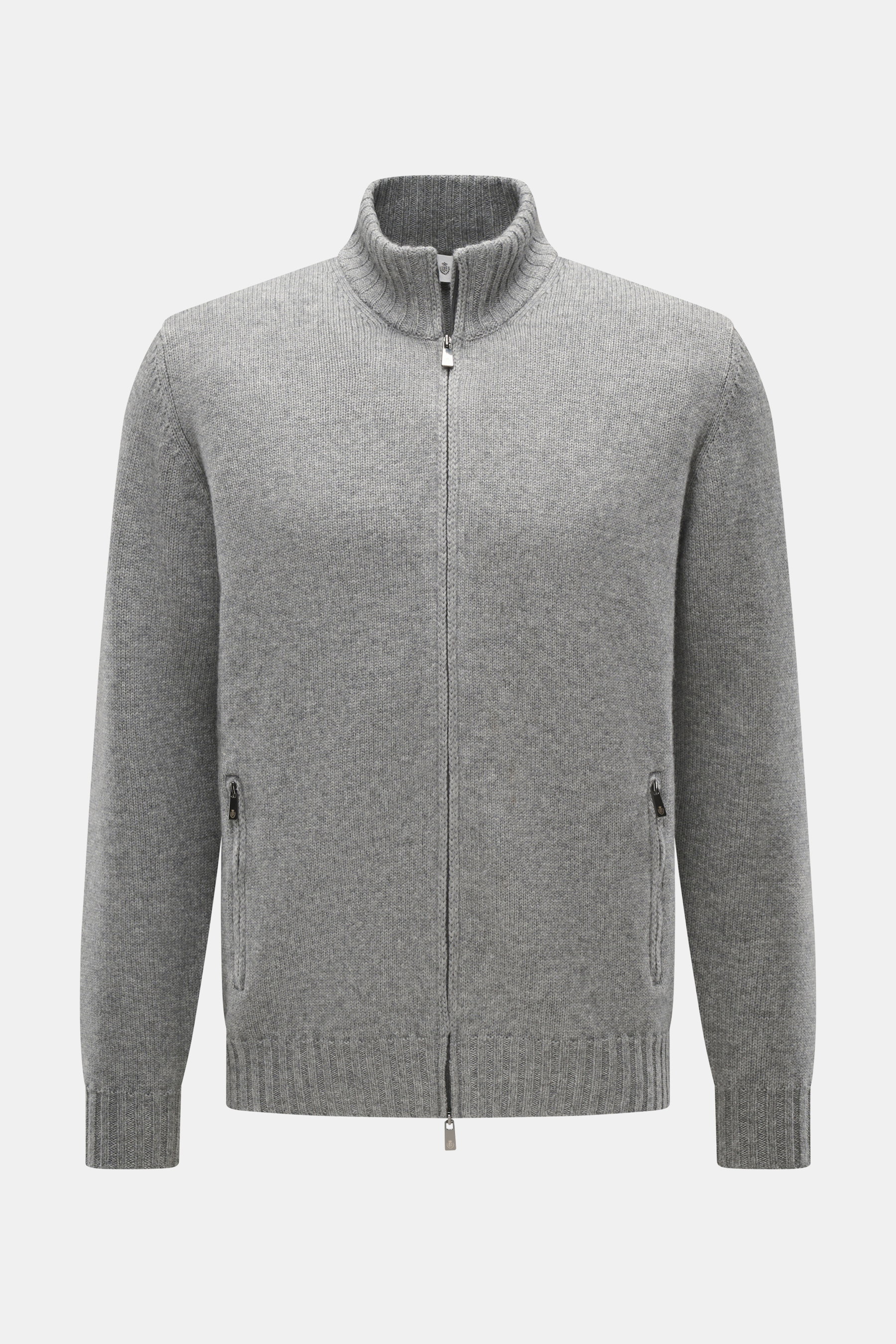 Della Ciana Strickjacke grau meliert, frontal fotografiert, Mix aus Cashmere und Merinowolle, weicher Griff, mittelfeines Strickbild, Regular Fit, Zwei-Wege-Reißverschluss, Stehkragen, flexible Rippbündchen.
