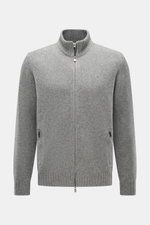 Della Ciana Strickjacke grau meliert, frontal fotografiert, Mix aus Cashmere und Merinowolle, weicher Griff, mittelfeines Strickbild, Regular Fit, Zwei-Wege-Reißverschluss, Stehkragen, flexible Rippbündchen.