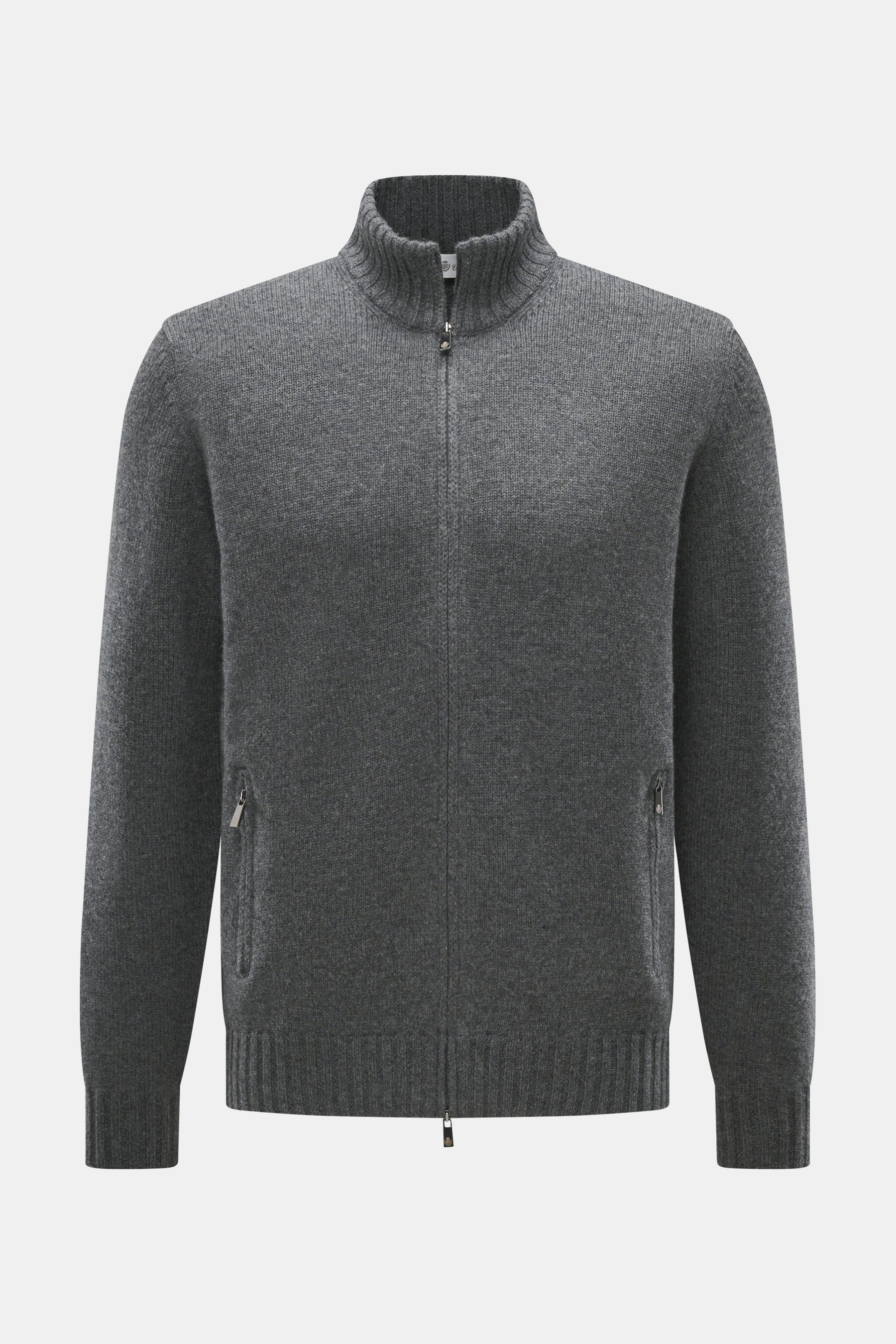 Vorderansicht der Della Ciana Strickjacke dunkelgrau meliert, Mix aus Cashmere und Merinowolle, weicher Griff, mittelfeines Strickbild, Regular Fit, Zwei-Wege-Reißverschluss, Stehkragen, flexible Rippbündchen.