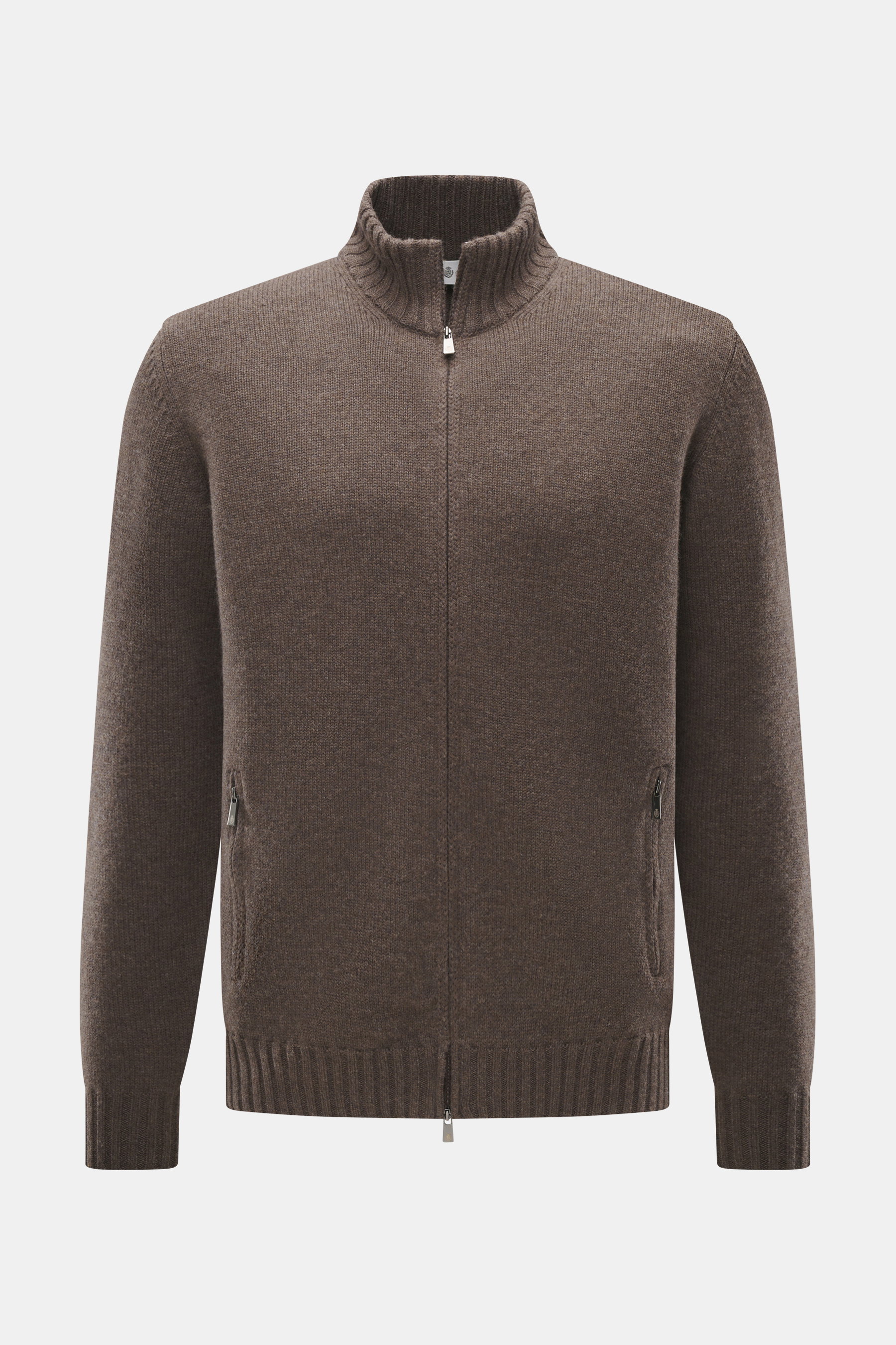 Della Ciana Strickjacke graubraun meliert, frontal fotografiert, Mix aus Cashmere und Merinowolle, weicher Griff, mittelfeines Strickbild, Regular Fit, Zwei-Wege-Reißverschluss, Stehkragen, flexible Rippbündchen.