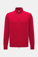 Della Ciana Strickjacke rot, frontal fotografiert, Regular Fit, Mix aus Cashmere und Merinowolle, weicher Griff, mittelfeines Strickbild, Stehkragen, Zwei-Wege-Reißverschluss, flexible Rippbündchen.