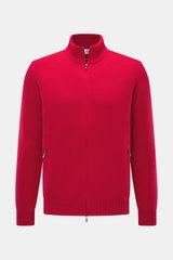 Della Ciana Strickjacke rot, frontal fotografiert, Regular Fit, Mix aus Cashmere und Merinowolle, weicher Griff, mittelfeines Strickbild, Stehkragen, Zwei-Wege-Reißverschluss, flexible Rippbündchen.