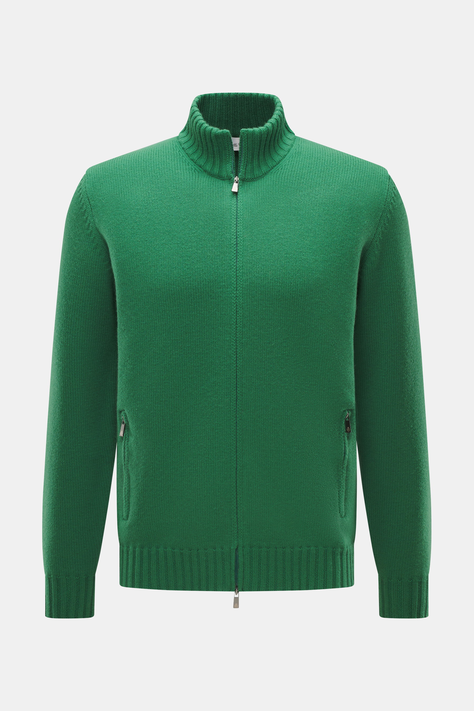 Della Ciana Strickjacke grün, frontale Nahaufnahme, Mix aus Cashmere und Merinowolle, weicher Griff, mittelfeines Strickbild, Regular Fit, Zwei-Wege-Reißverschluss, Stehkragen, flexible Rippbündchen.