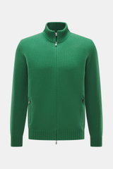 Della Ciana Strickjacke grün, frontale Nahaufnahme, Mix aus Cashmere und Merinowolle, weicher Griff, mittelfeines Strickbild, Regular Fit, Zwei-Wege-Reißverschluss, Stehkragen, flexible Rippbündchen.
