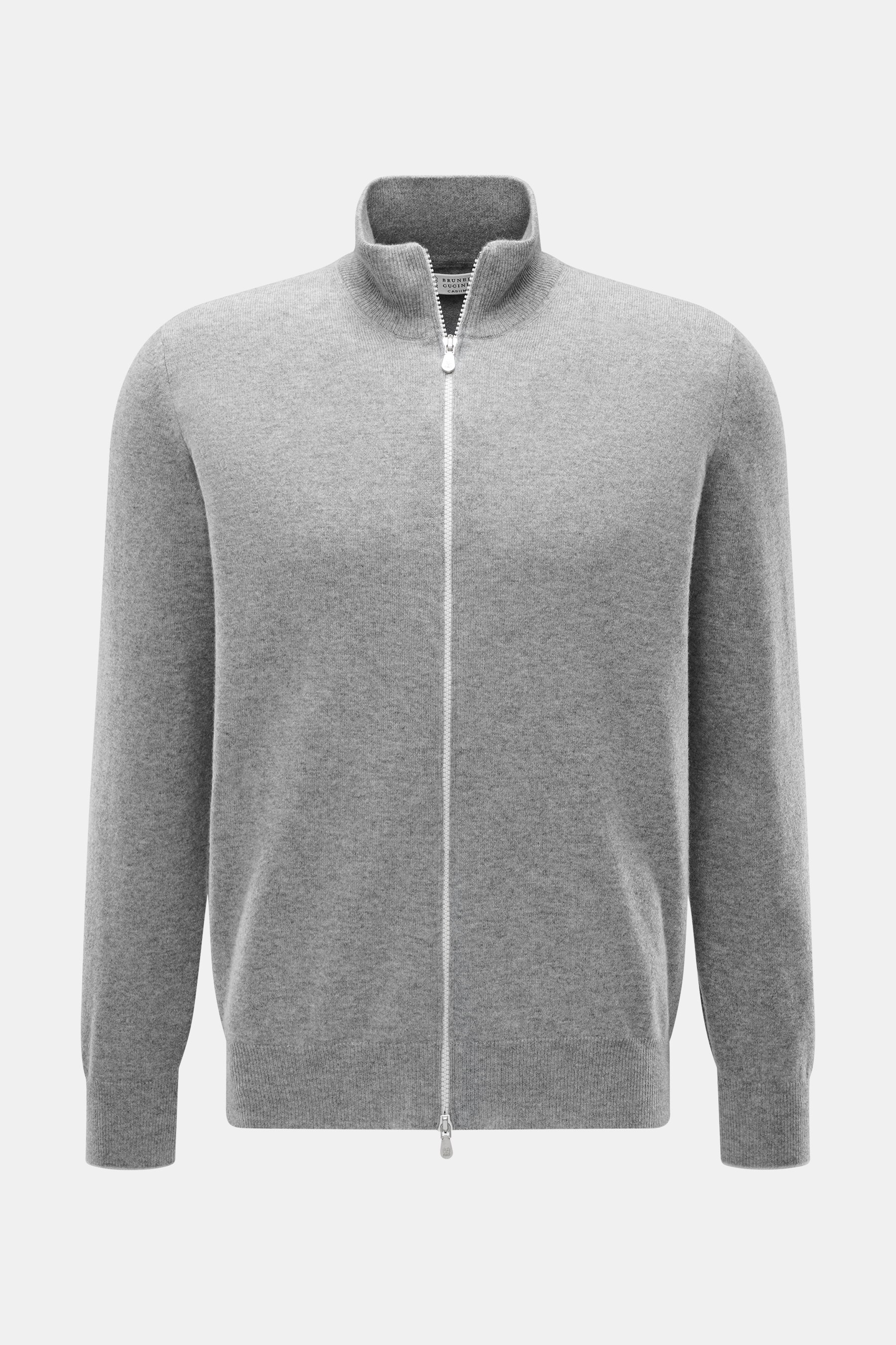 Brustansicht der Brunello Cucinelli Cashmere Strickjacke grau meliert mit stehendem Kragen, Zwei-Wege-Reißverschluss, Regular Fit, weichem Griff.