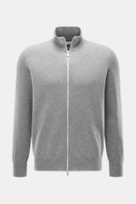 Brustansicht der Brunello Cucinelli Cashmere Strickjacke grau meliert mit stehendem Kragen, Zwei-Wege-Reißverschluss, Regular Fit, weichem Griff.