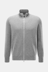 Brustansicht der Brunello Cucinelli Cashmere Strickjacke grau meliert mit stehendem Kragen, Zwei-Wege-Reißverschluss, Regular Fit, weichem Griff.