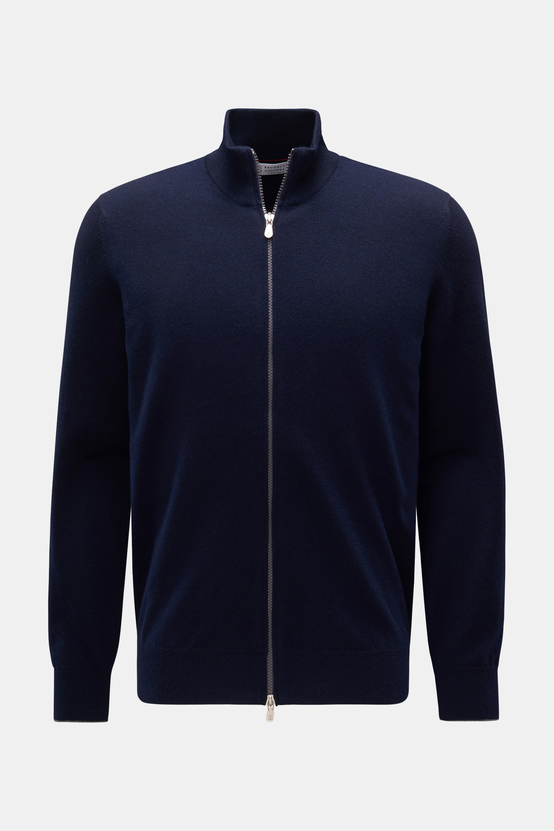 Brunello Cucinelli Cashmere Strickjacke navy, frontal fotografiert, Regular Fit, schmale Kontrastkanten, Zwei-Wege-Reißverschluss, Stehkragen, weicher Griff, reiner Cashmere.
