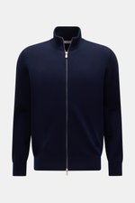 Brunello Cucinelli Cashmere Strickjacke navy, frontal fotografiert, Regular Fit, schmale Kontrastkanten, Zwei-Wege-Reißverschluss, Stehkragen, weicher Griff, reiner Cashmere.