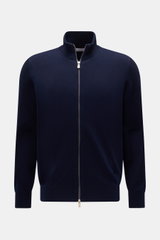 Brunello Cucinelli Cashmere Strickjacke navy, frontal fotografiert, Regular Fit, schmale Kontrastkanten, Zwei-Wege-Reißverschluss, Stehkragen, weicher Griff, reiner Cashmere.