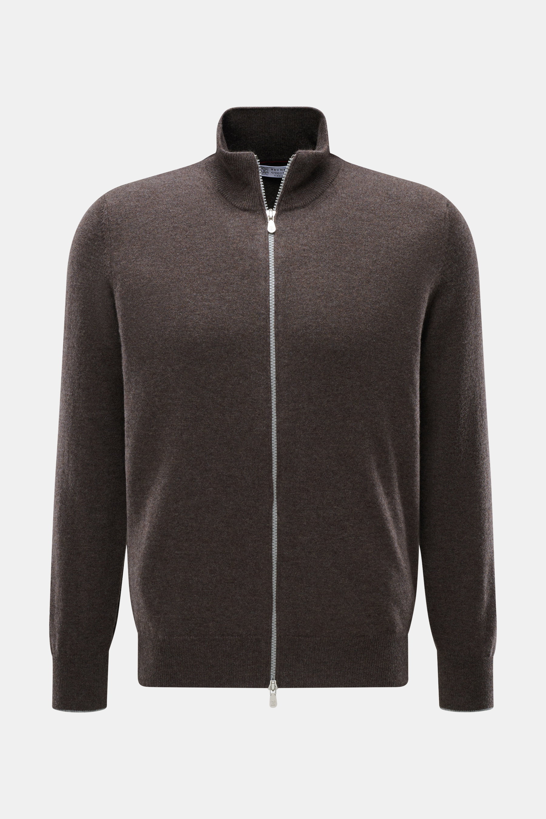 Brustansicht der Braun melierten Brunello Cucinelli Cashmere Strickjacke mit Stehkragen, Zwei-Wege-Zipper, Kontrastkanten, Regular Fit.