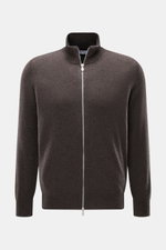 Brustansicht der Braun melierten Brunello Cucinelli Cashmere Strickjacke mit Stehkragen, Zwei-Wege-Zipper, Kontrastkanten, Regular Fit.