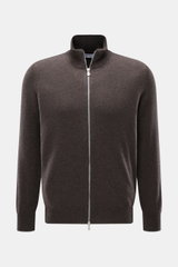 Brustansicht der Braun melierten Brunello Cucinelli Cashmere Strickjacke mit Stehkragen, Zwei-Wege-Zipper, Kontrastkanten, Regular Fit.