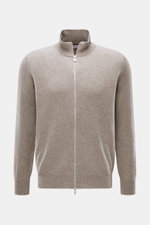 Front view of Brunello Cucinelli Cashmere cardigan beige melange in fine knit with a two-way zip, standing collar, and narrow contrasting borders.

Description: <p>BRUNELLO CUCINELLI adds a touch of luxury to our casual wardrobe with this cardigan in smoo