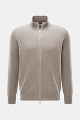 Front view of Brunello Cucinelli Cashmere cardigan beige melange in fine knit with a two-way zip, standing collar, and narrow contrasting borders.

Description: <p>BRUNELLO CUCINELLI adds a touch of luxury to our casual wardrobe with this cardigan in smoo