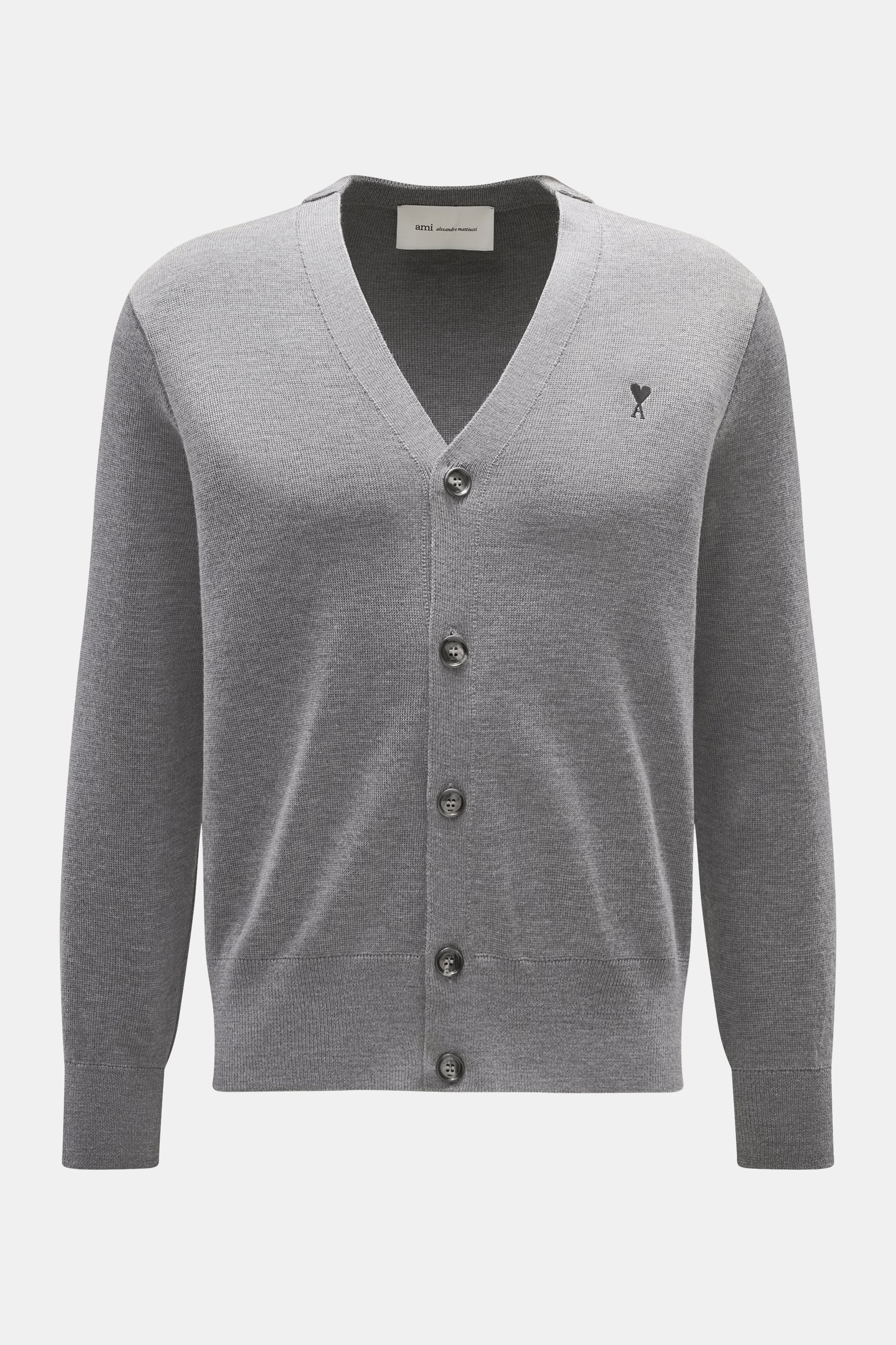 Front view of Ami Paris Merino Cardigan grey melange in pure merino wool with V-neck, five-button placket, logo chest stitching, ribbed cuffs.

Description:
<p>Timelessly elegant: The AMI PARIS cardigan made of pure merino wool becomes a comfortable compa