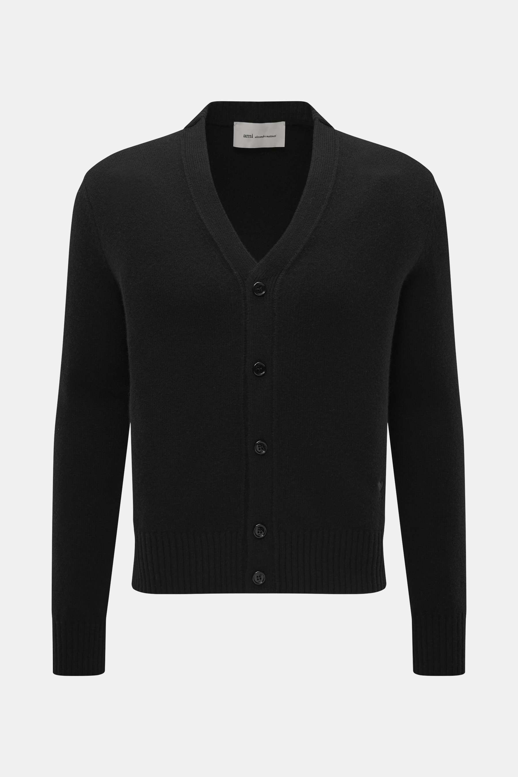 Front view of Ami Paris Cashmere cardigan black, knit from cashmere with wool content, very soft feel, medium-fine knit pattern, slim fit, five-button placket, V-neck, small tonal heart stitching, elastic ribbed cuffs.