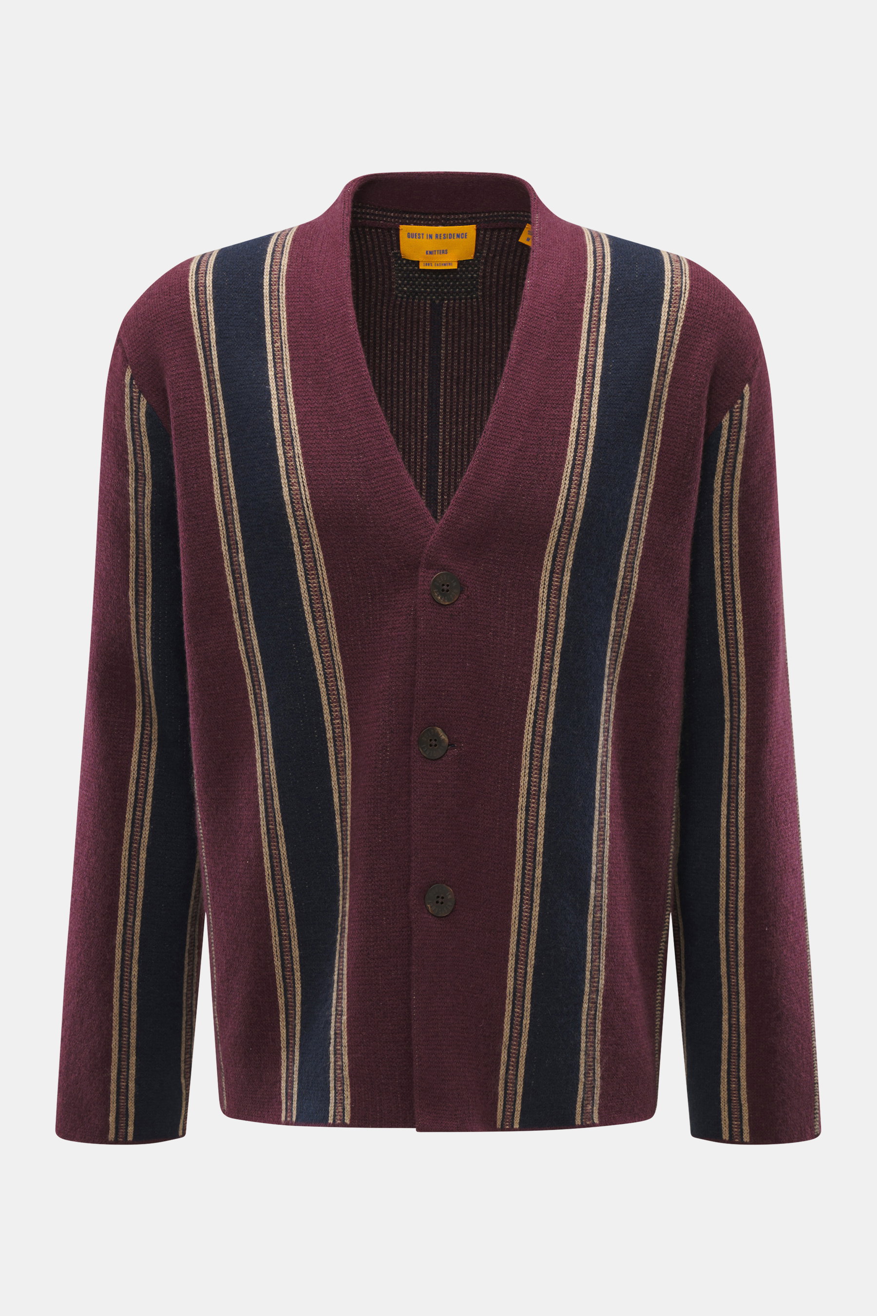 Guest In Residence Cashmere Cardigan bordeaux/navy/sand gestreift, Frontansicht, reiner Cashmere, weicher Griff, mittelfeines Strickbild, Regular Fit, glatte Knopfleiste, V-Neck