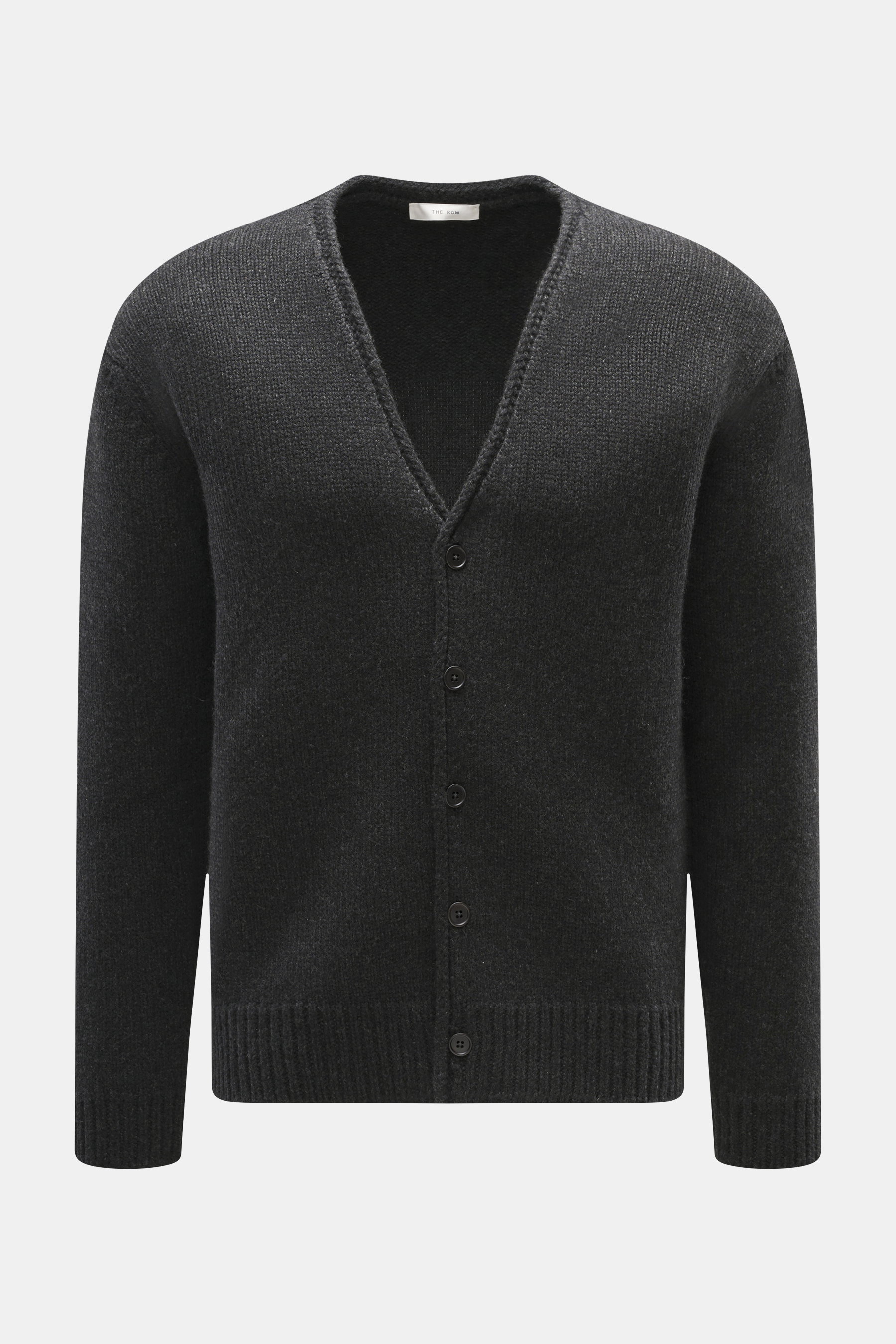 Front view of The Row Cashmere Cardigan 'Manor' dark grey melange, oversized fit with coarse knit, soft touch, ribbed cuffs, and smooth button placket.