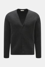 Front view of The Row Cashmere Cardigan 'Manor' dark grey melange, oversized fit with coarse knit, soft touch, ribbed cuffs, and smooth button placket.