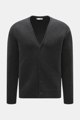 Front view of The Row Cashmere Cardigan 'Manor' dark grey melange, oversized fit with coarse knit, soft touch, ribbed cuffs, and smooth button placket.