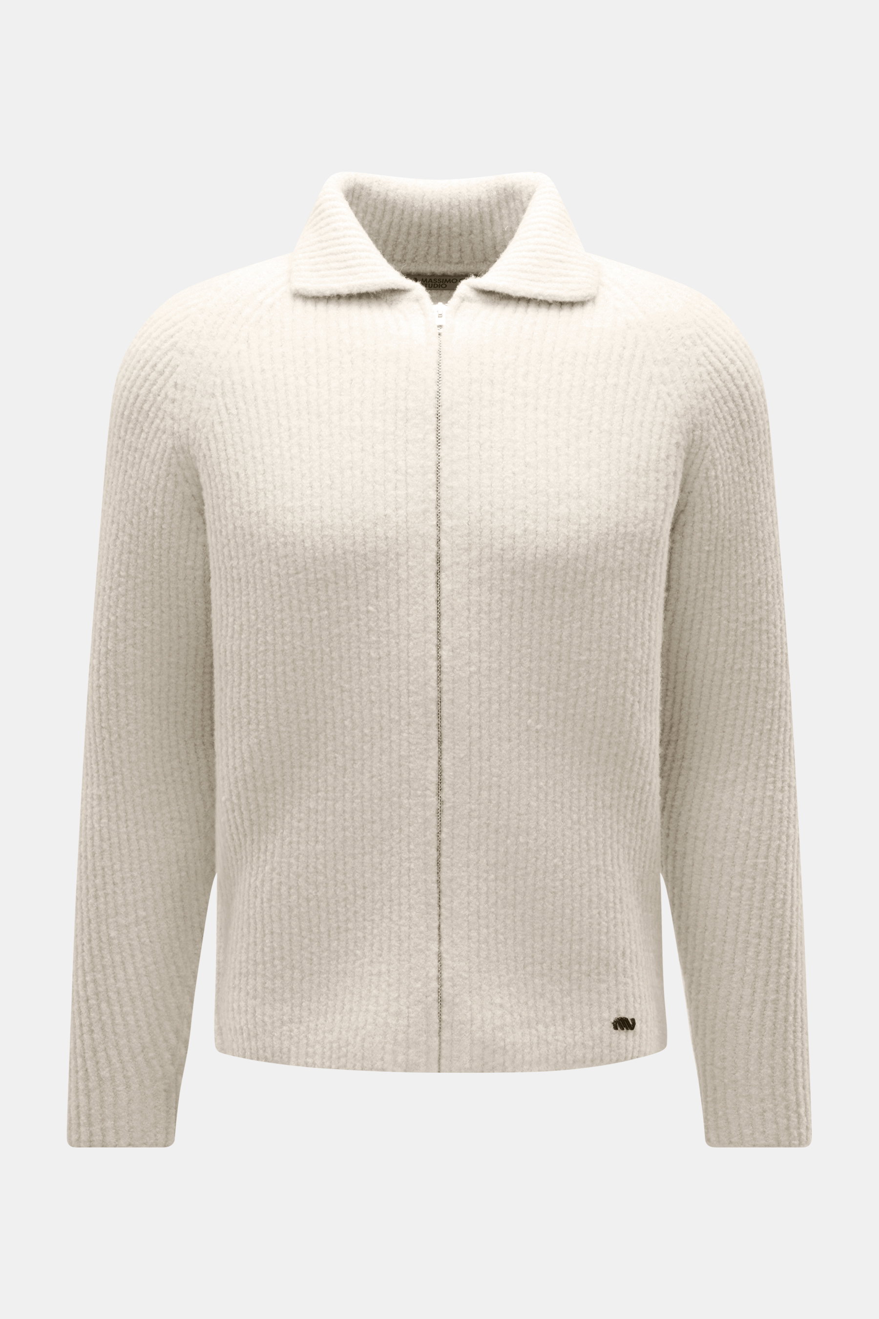 Massimo Osti Studio Strickjacke creme, frontal fotografiert, Slim Fit mit voluminösem Strickbild, Umlegekragen, robuster Reißverschluss, weich, Wolle-Microfaser-Mix.