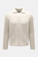 Massimo Osti Studio Strickjacke creme, frontal fotografiert, Slim Fit mit voluminösem Strickbild, Umlegekragen, robuster Reißverschluss, weich, Wolle-Microfaser-Mix.